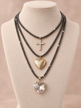Stunning Silver Sparkle Thick Chained 3-Layer Star Heart Charm Locket Necklace